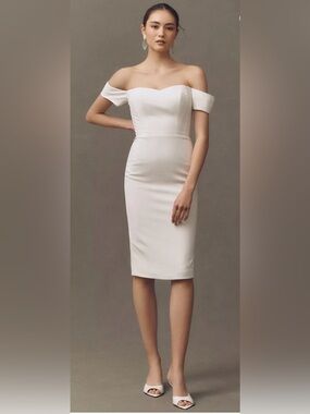 Dress The Population Bailey Off-The-Shoulder Slim Midi Dress Size S Off-White